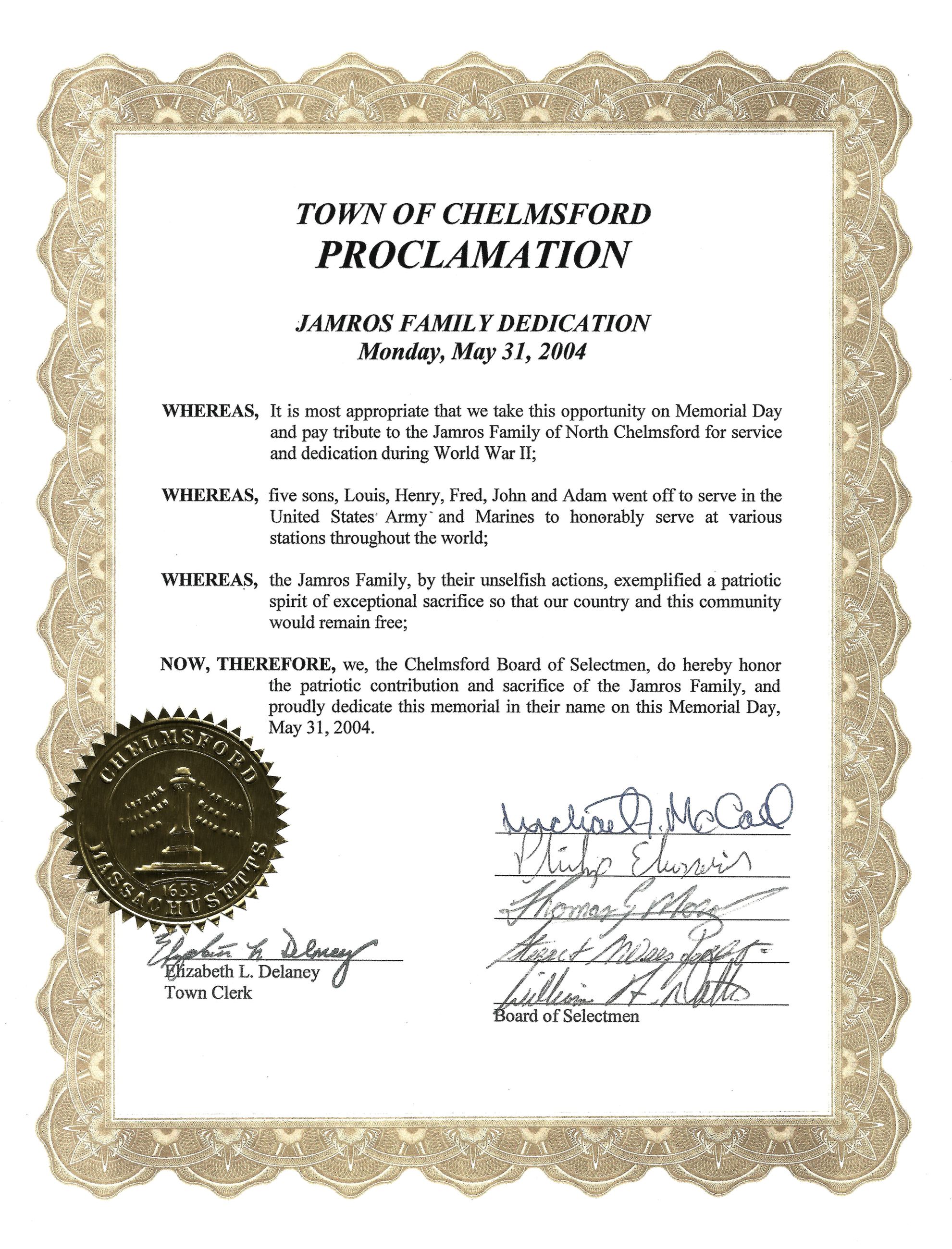Jamros Proclamation With Town Seal